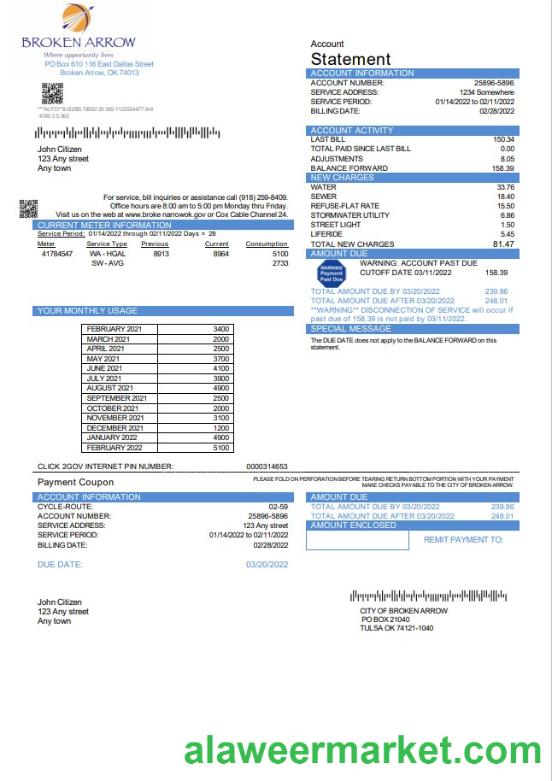 USA Oklahoma City of Broken Arrow utility bill template in Word and PDF format